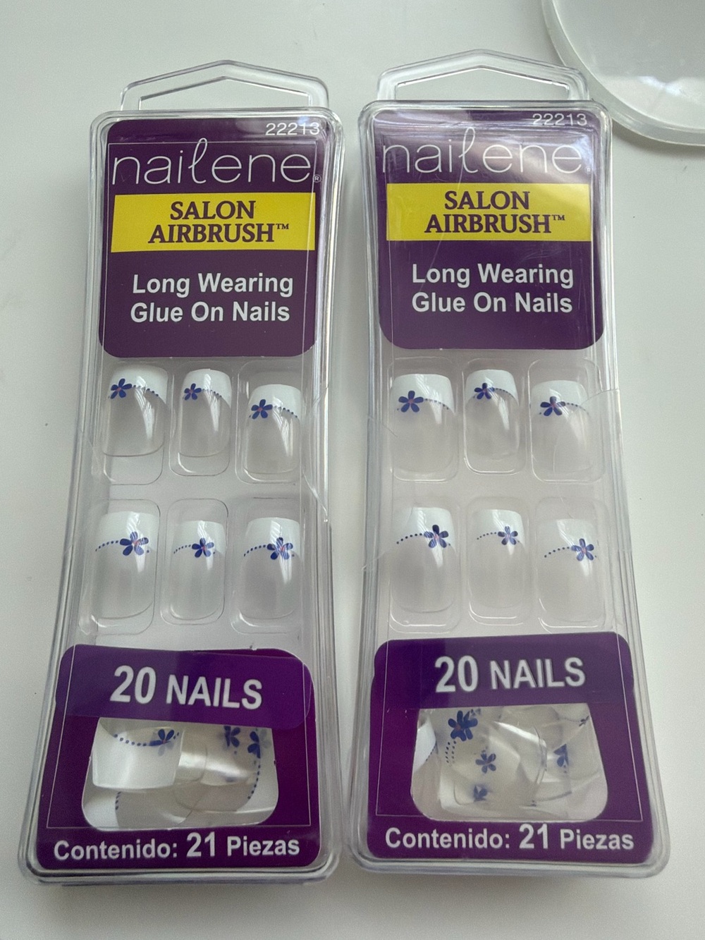 NWT Nailene Salon Airbrush White French Glue-On Nails with Blue Floral Accent